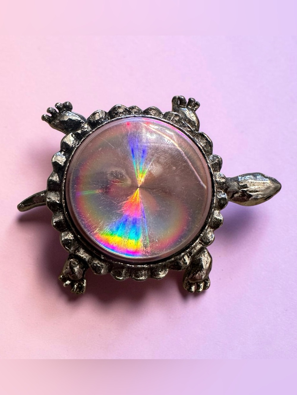 Rare vintage silver tone pink aurora turtle tortoise brooch pin